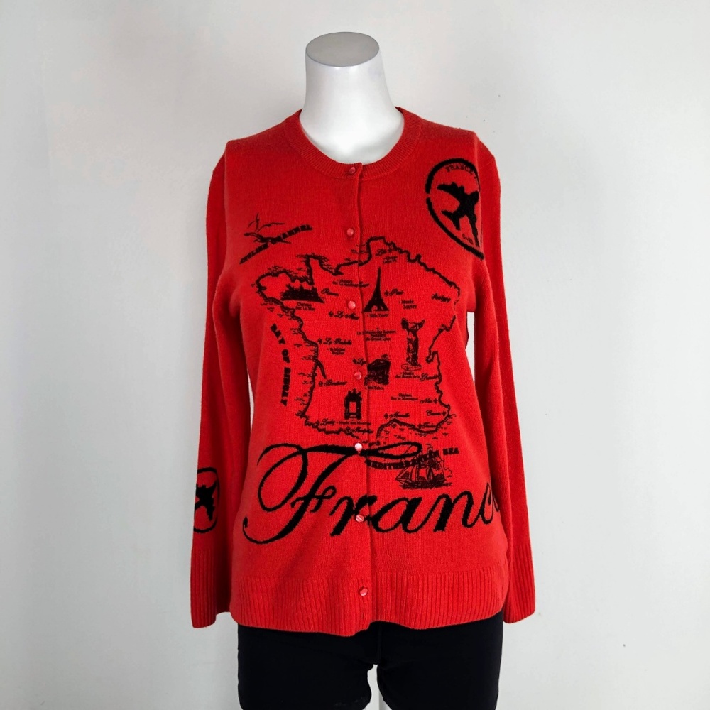 J.Crew Map of France Wool Cashmere Cardigan Red - Picture 4 of 8